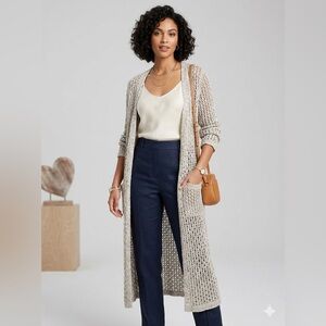 Boston Proper Open Front Crochet Duster MEDIUM Cream Oatmeal Boho Coastal Casual